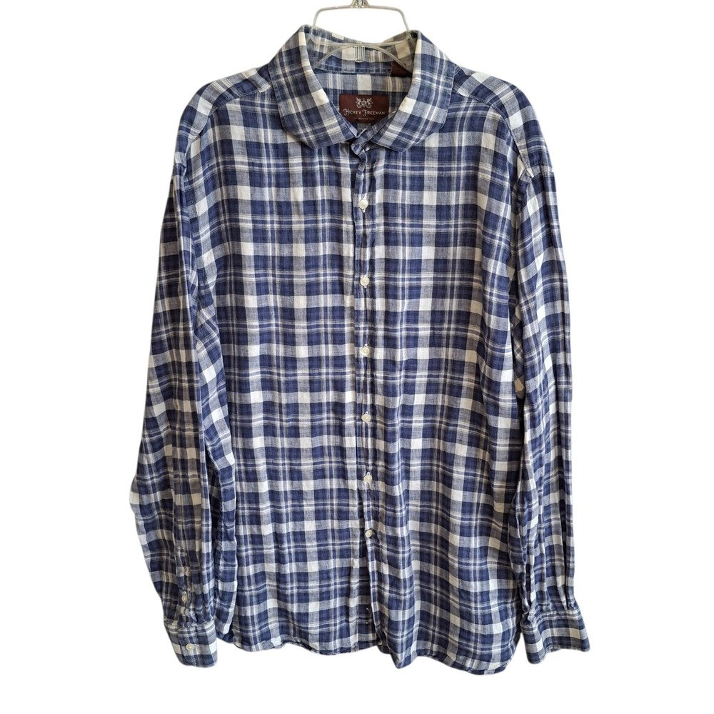 Hickey Freeman Mens 100% Linen Shirt XL Blue White Plaid Button Long Sleeve